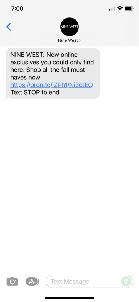 Nine West Text Message Marketing Example - 11.21.2021