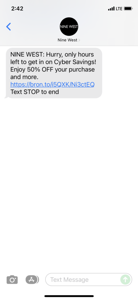 Nine West Text Message Marketing Example - 11.30.2021