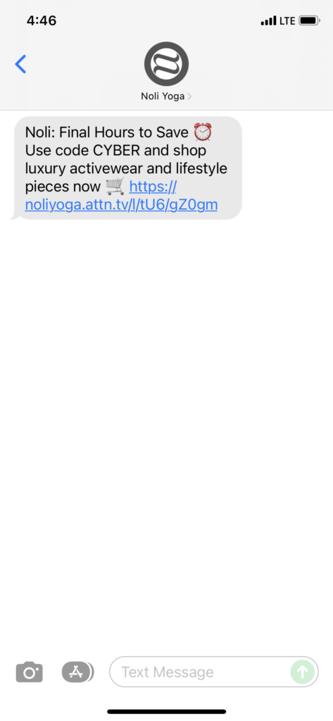 Noli Yoga Text Message Marketing Example - 11.29.2021