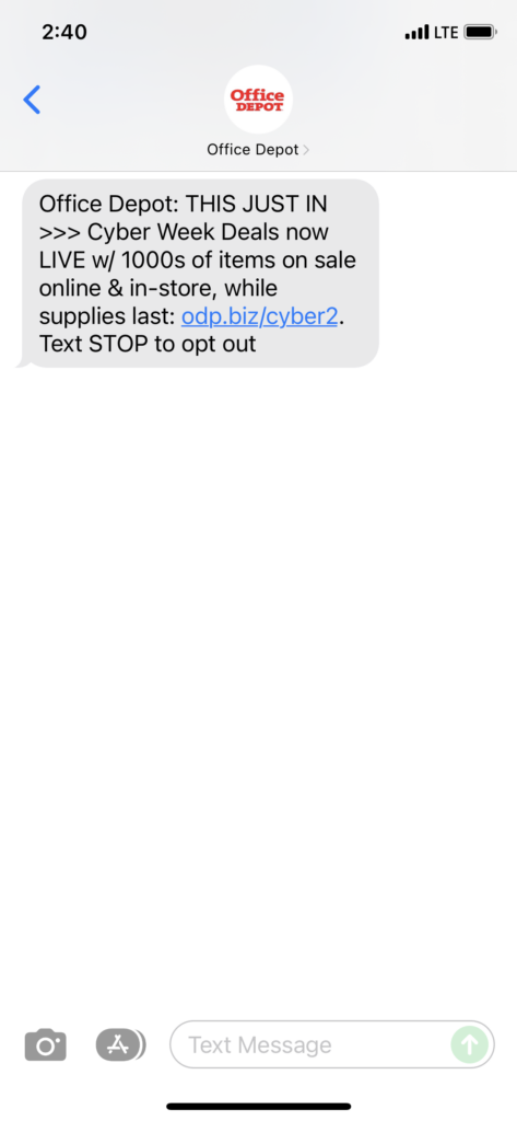 Office Depot Text Message Marketing Example - 11.30.2021