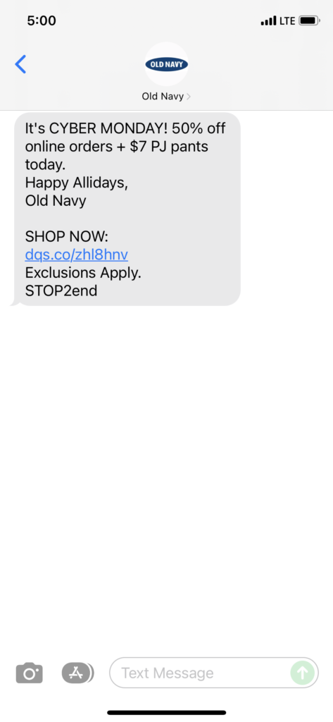 Old Navy 1 Text Message Marketing Example - 11.29.2021