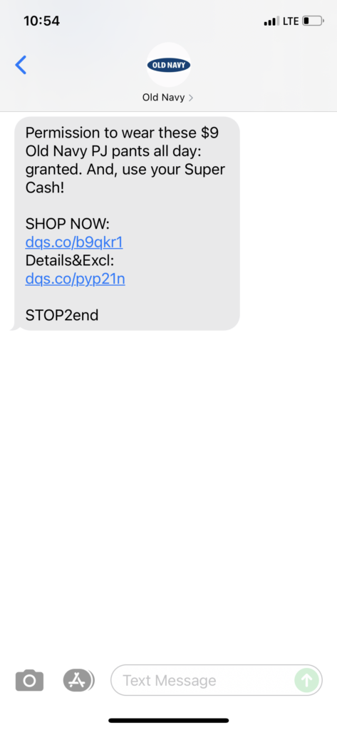 Old Navy Text Message Marketing Example - 10.24.2021