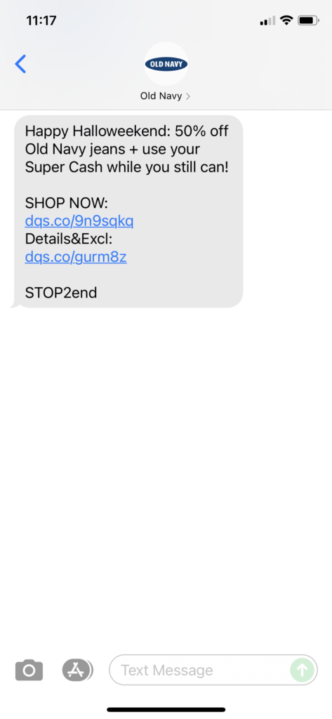 Old Navy Text Message Marketing Example - 10.30.2021