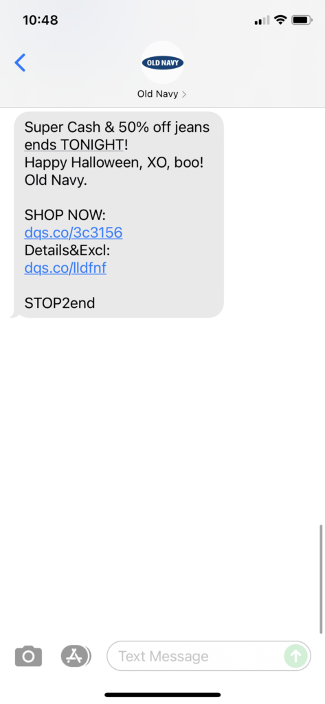 Old Navy Text Message Marketing Example - 10.31.2021