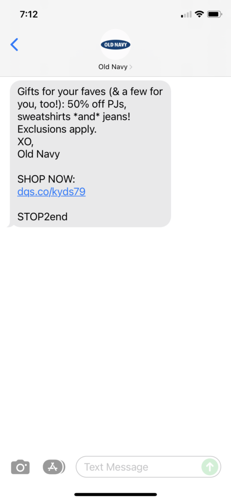 Old Navy Text Message Marketing Example - 11.20.2021