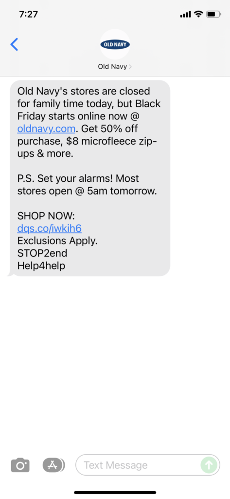 Old Navy Text Message Marketing Example - 11.25.2021