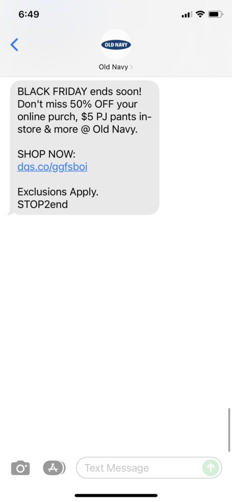 Old Navy Text Message Marketing Example - 11.26.2021