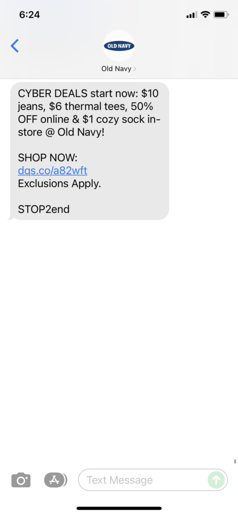 Old Navy Text Message Marketing Example - 11.27.2021