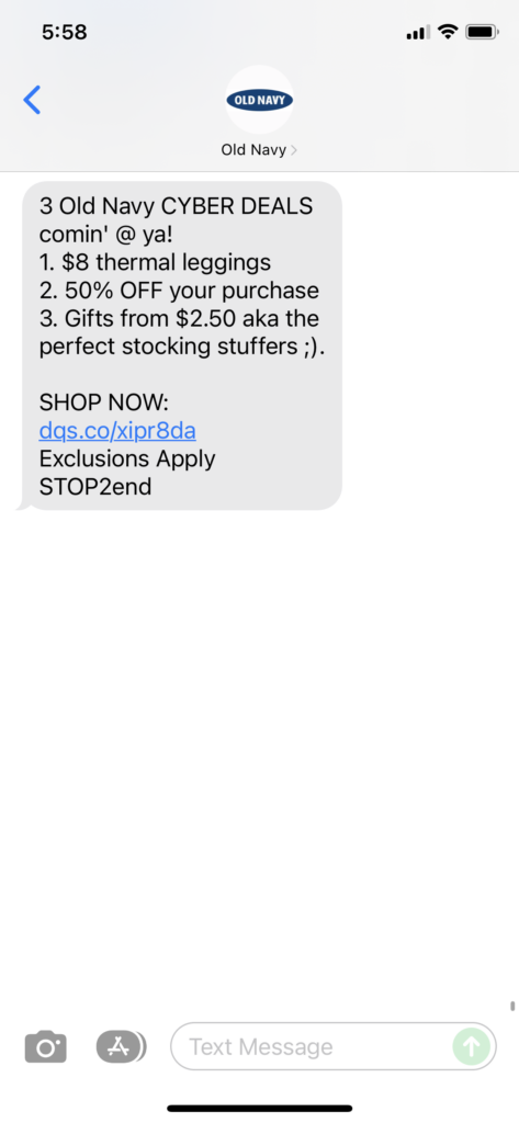 Old Navy Text Message Marketing Example - 11.28.2021