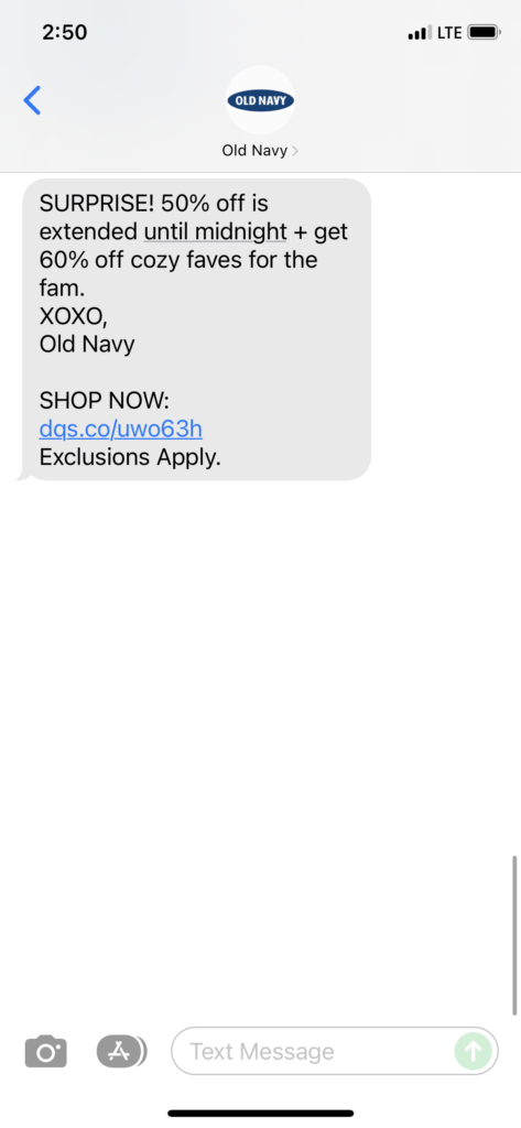 Old Navy Text Message Marketing Example - 11.30.2021