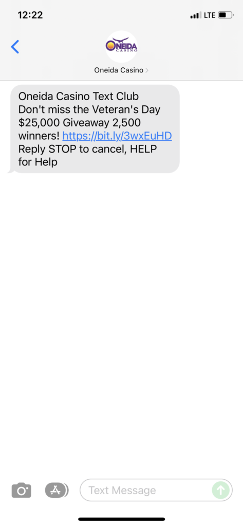 Oneida Cassino Text Message Marketing Example - 11.10.2021