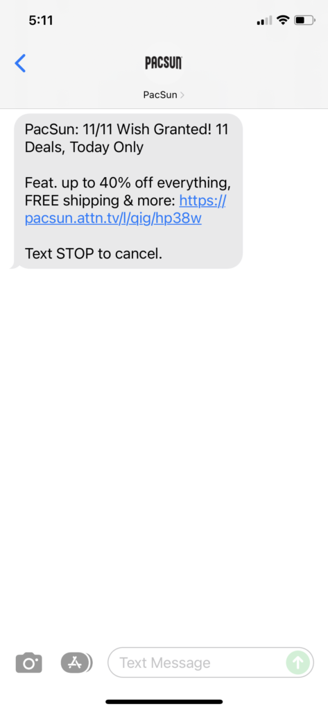 PacSun 1 Text Message Marketing Example - 11.11.2021