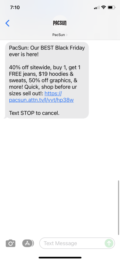 PacSun 1 Text Message Marketing Example - 11.26.2021