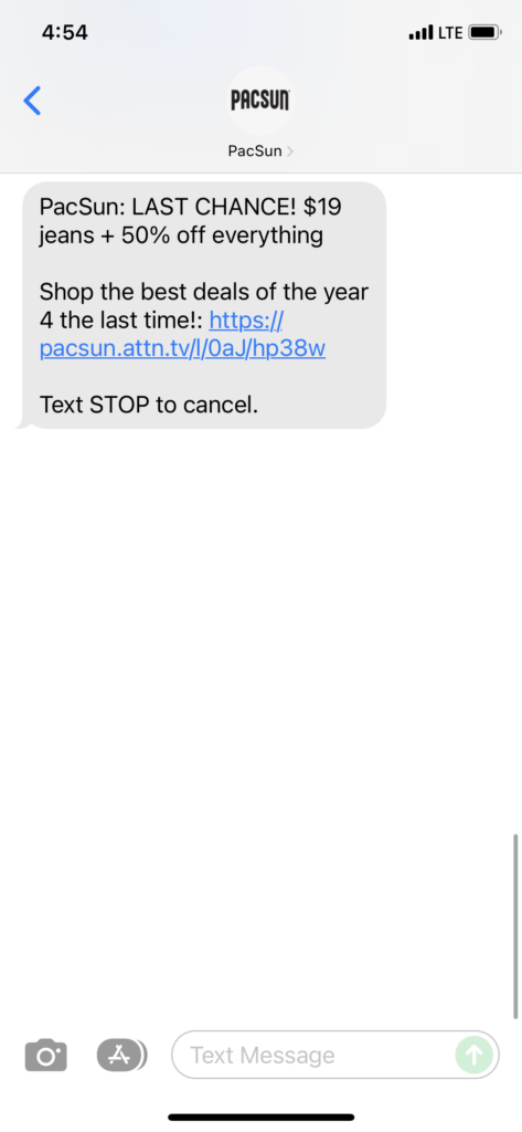 PacSun 1 Text Message Marketing Example - 11.29.2021