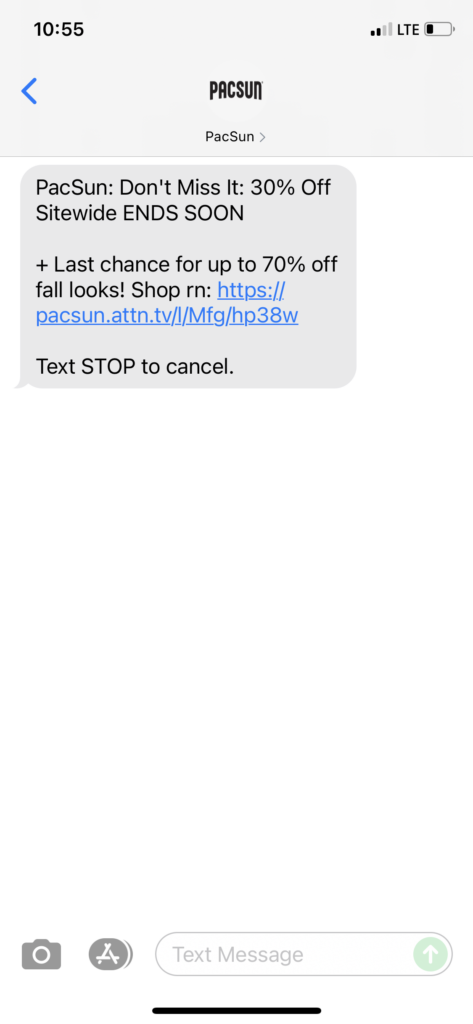 PacSun Text Message Marketing Example - 10.24.2021