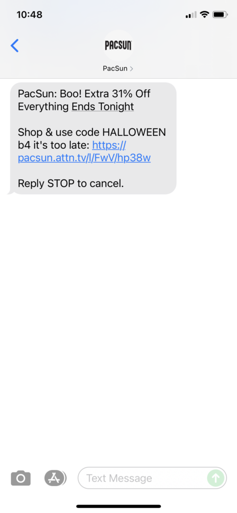 PacSun Text Message Marketing Example - 10.31.2021