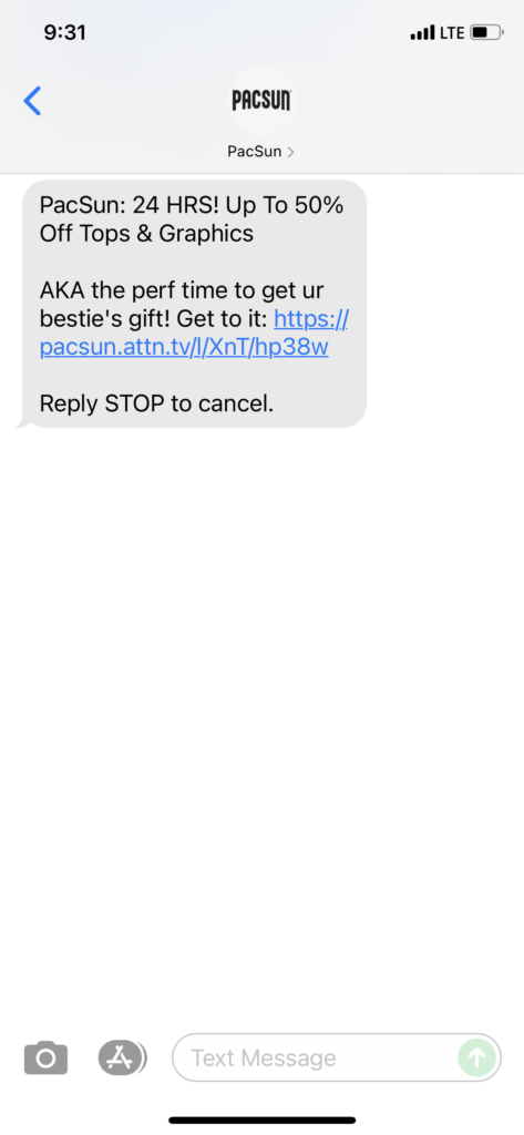 PacSun Text Message Marketing Example - 11.02.2021