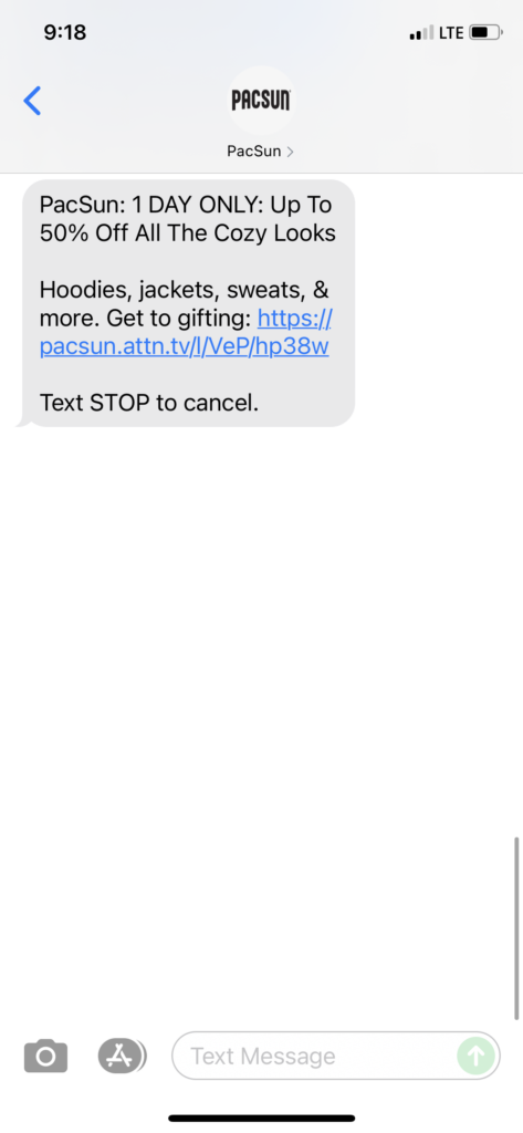 PacSun Text Message Marketing Example - 11.03.2021