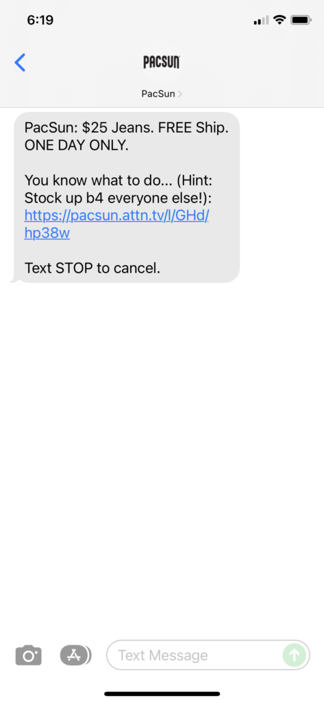 PacSun Text Message Marketing Example - 11.14.2021