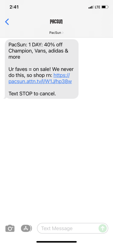 PacSun Text Message Marketing Example - 11.18.2021