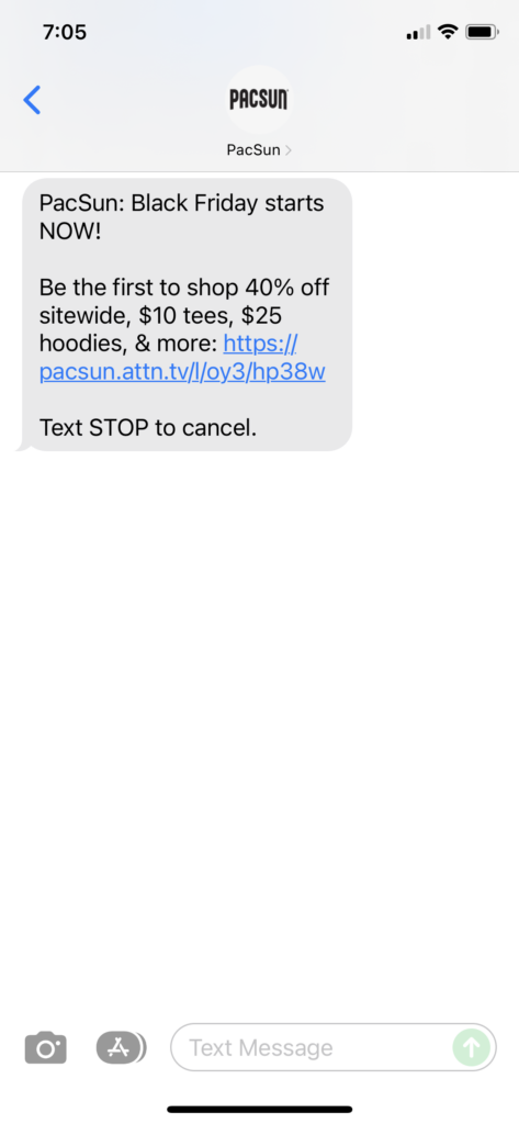 PacSun Text Message Marketing Example - 11.21.2021