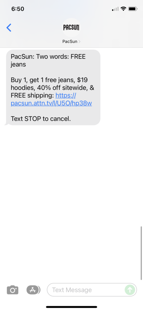 PacSun Text Message Marketing Example - 11.22.2021