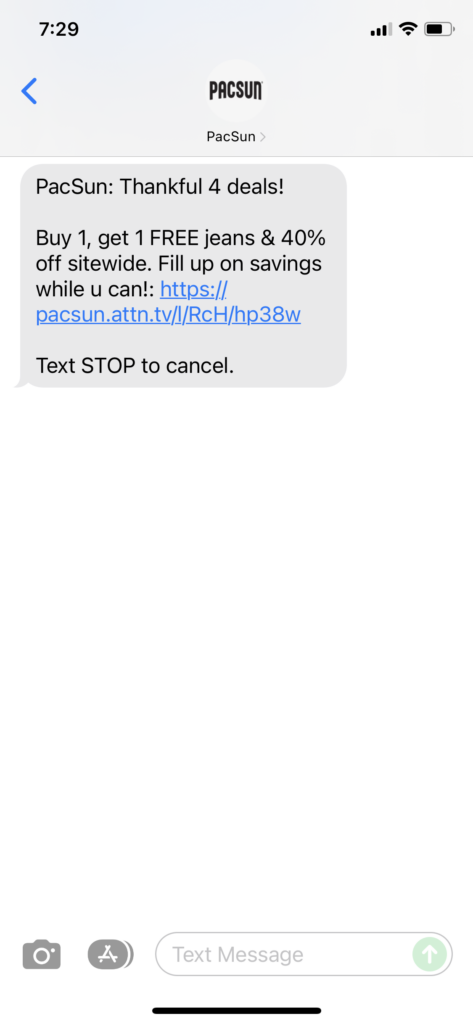 PacSun Text Message Marketing Example - 11.25.2021