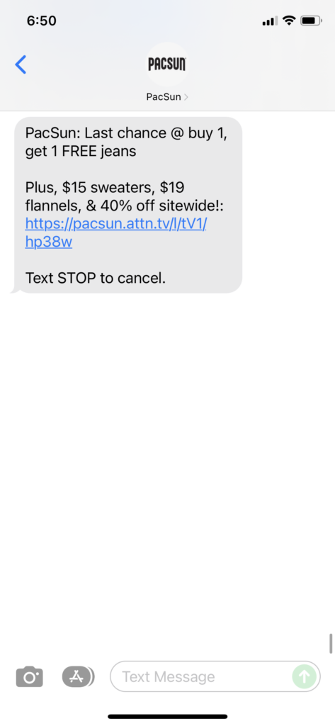 PacSun Text Message Marketing Example - 11.26.2021