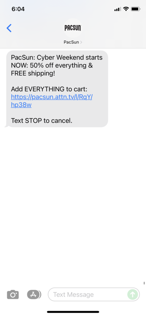 PacSun Text Message Marketing Example - 11.28.2021
