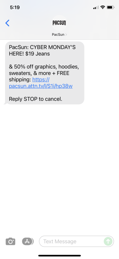 PacSun Text Message Marketing Example - 11.29.2021