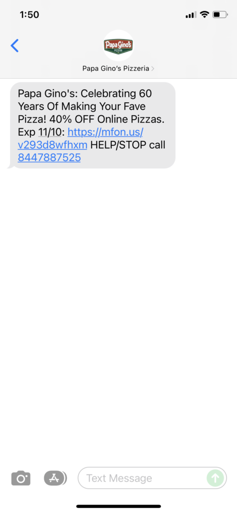 Papa Gino Text Message Marketing Example - 11.09.2021