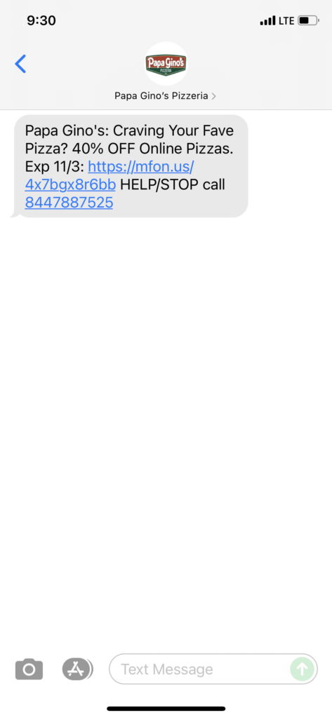 Papa Gino's Text Message Marketing Example - 11.02.2021