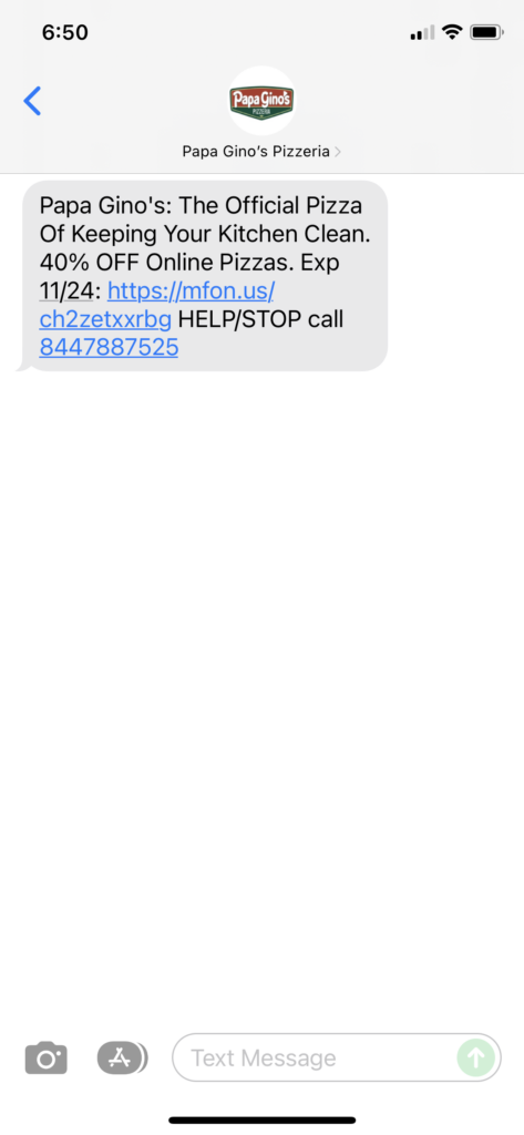 Papa Gino's Text Message Marketing Example - 11.22.2021