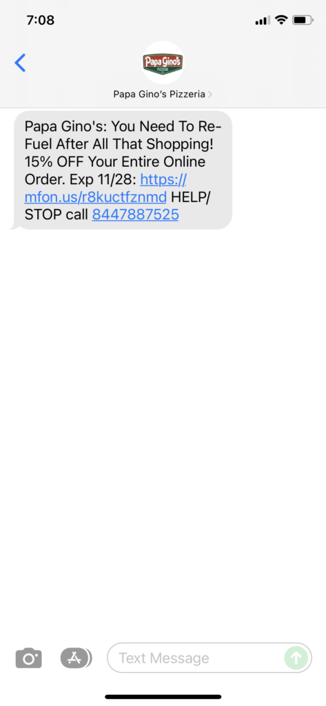Papa Gino's Text Message Marketing Example - 11.26.2021