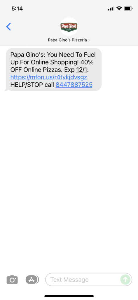 Papa Gino's Text Message Marketing Example - 11.29.2021