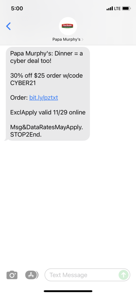 Papa Murphy's Text Message Marketing Example - 11.29.2021