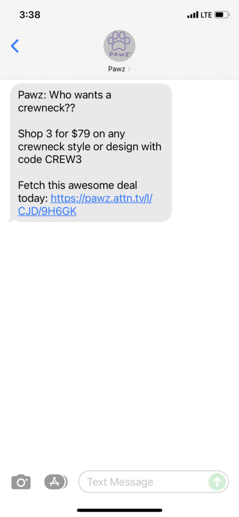 Pawz 1 Text Message Marketing Example - 11.13.2021