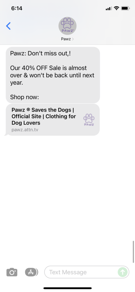 Pawz 1 Text Message Marketing Example - 11.27.2021