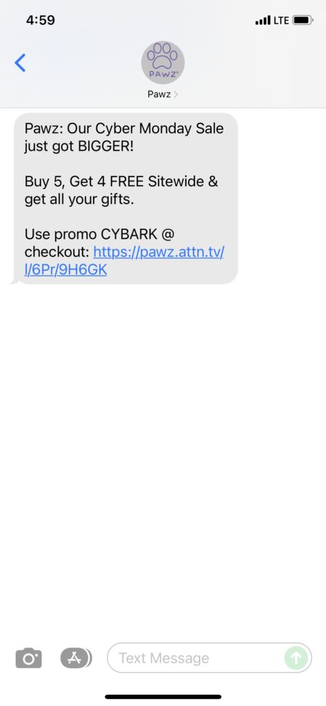 Pawz 1 Text Message Marketing Example - 11.29.2021