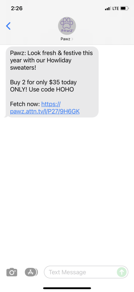 Pawz Text Message Marketing Example - 11.18.2021