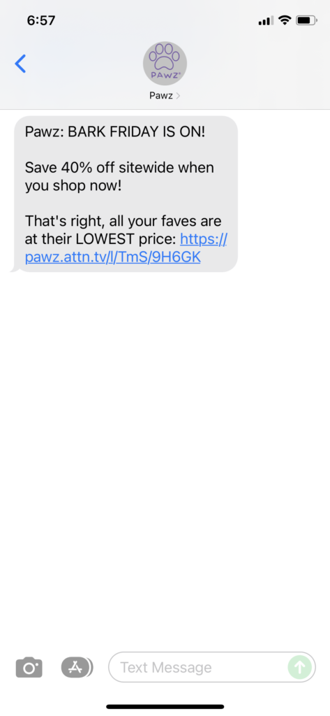 Pawz Text Message Marketing Example - 11.26.2021