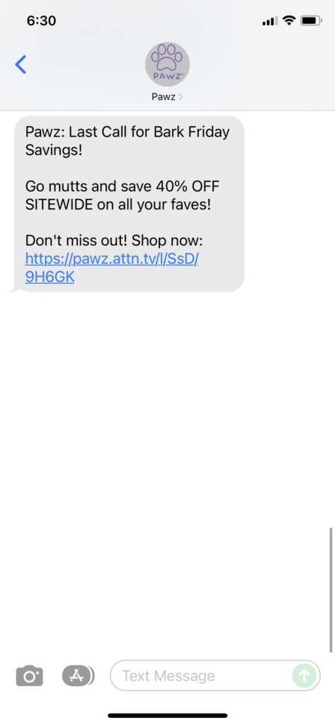 Pawz Text Message Marketing Example - 11.27.2021