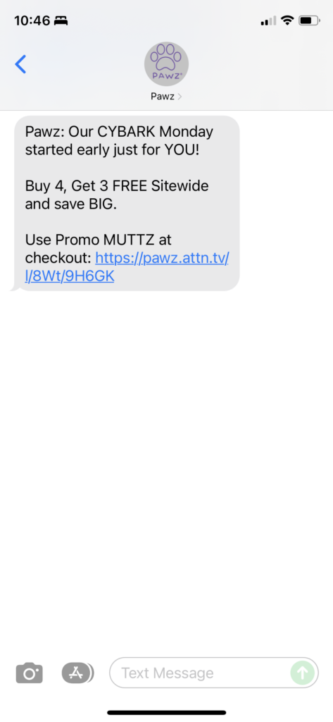 Pawz Text Message Marketing Example - 11.28.2021