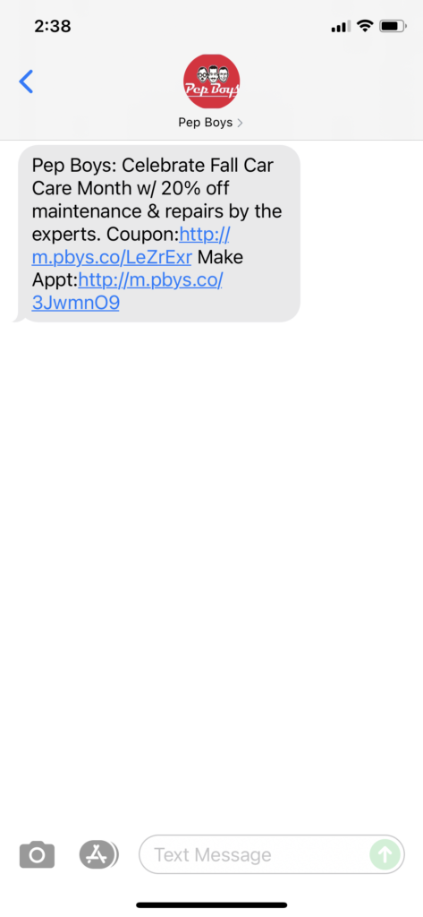 Pep Boys Text Message Marketing Example - 10.29.2021