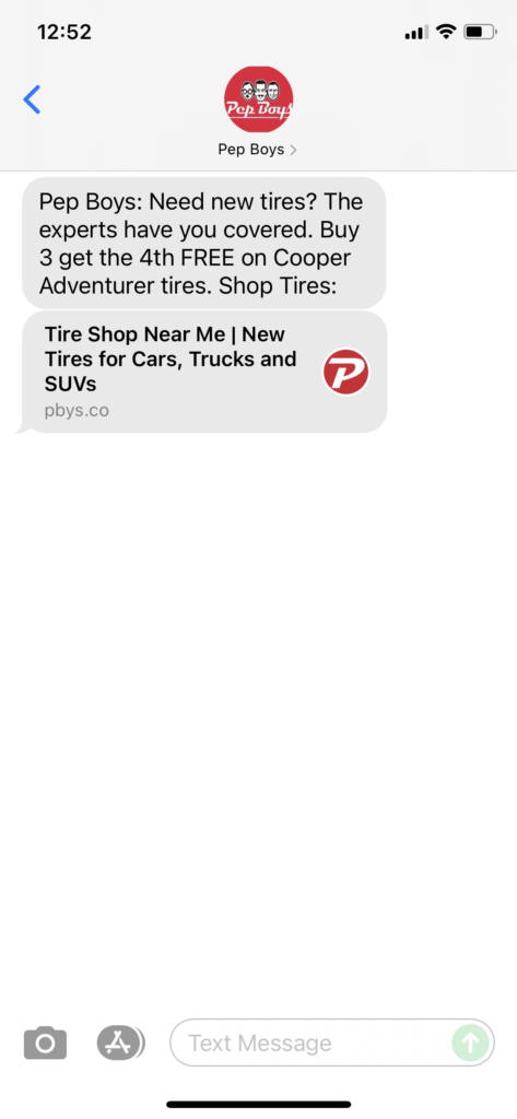 Pep Boys Text Message Marketing Example - 11.05.2021