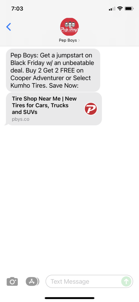 Pep Boys Text Message Marketing Example - 11.21.2021