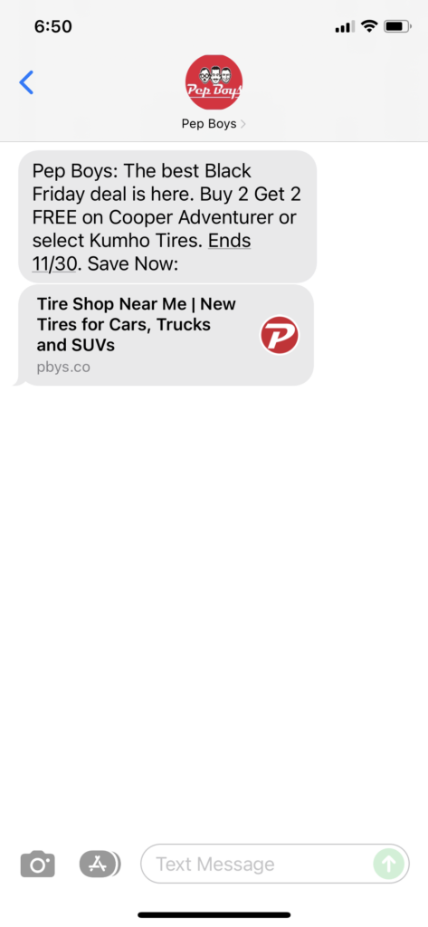 Pep Boys Text Message Marketing Example - 11.26.2021