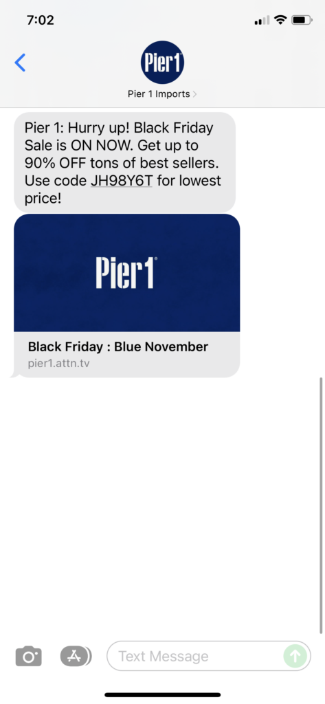 Pier 1 Text Message Marketing Example - 11.26.2021