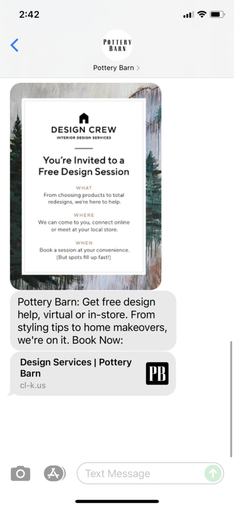 Pottery Barn Text Message Marketing Example - 10.29.2021