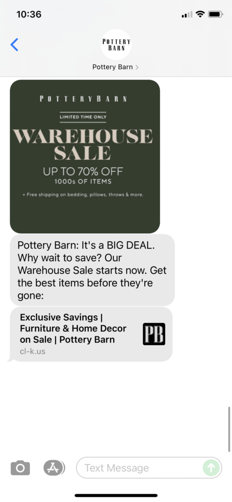 Pottery Barn Text Message Marketing Example - 11.01.2021